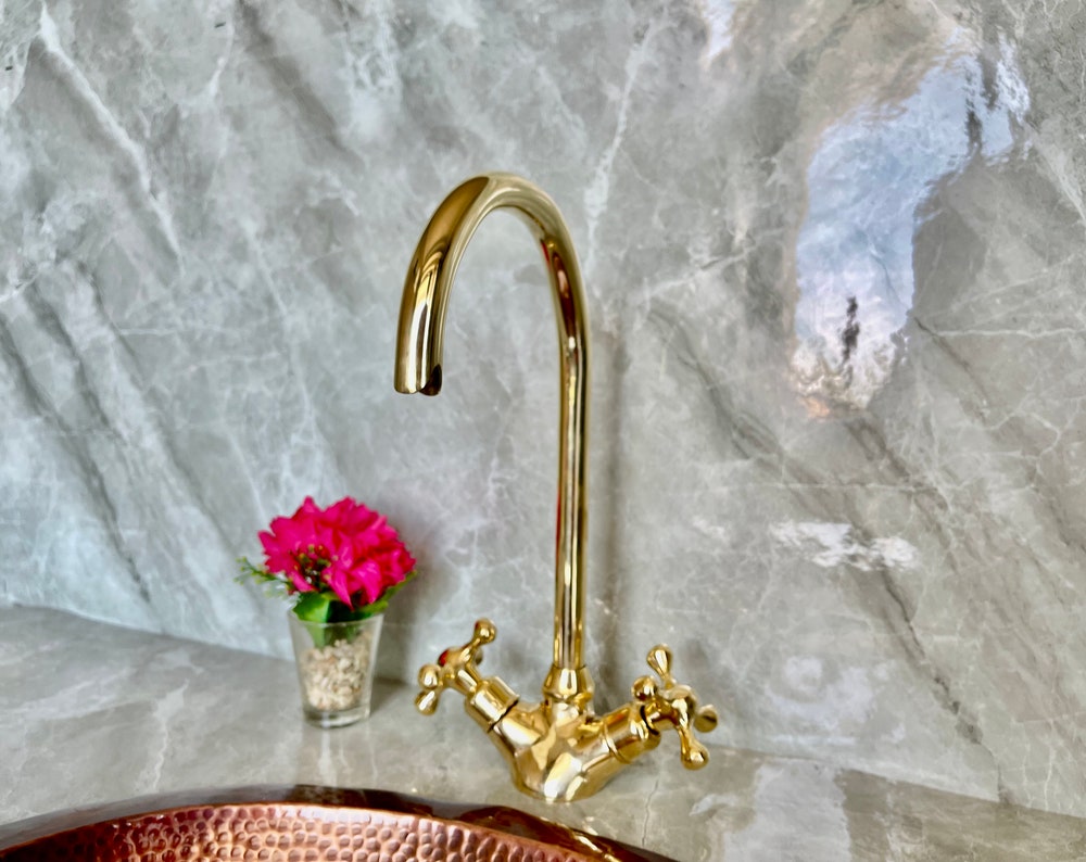 Gold Brass Bathroom Faucet Kitchen Sink Mixer Cross Handle Single Hole Moroccan Tap